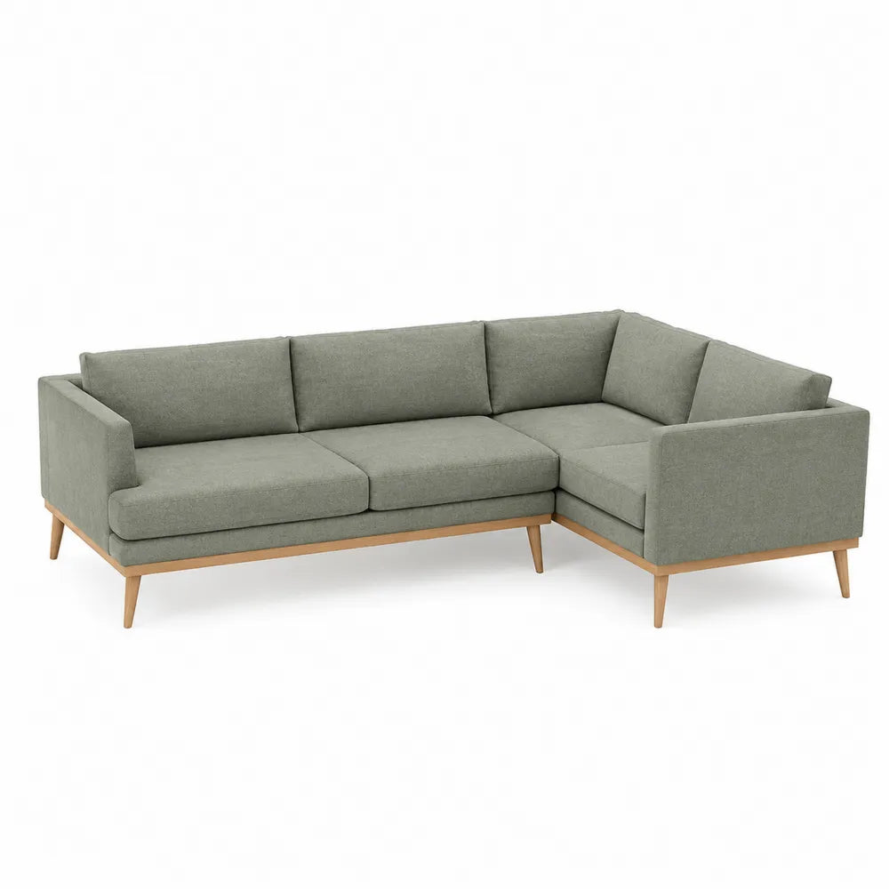 Sofa narożna z tkaniny zielonej na dębowej ramie 230cm