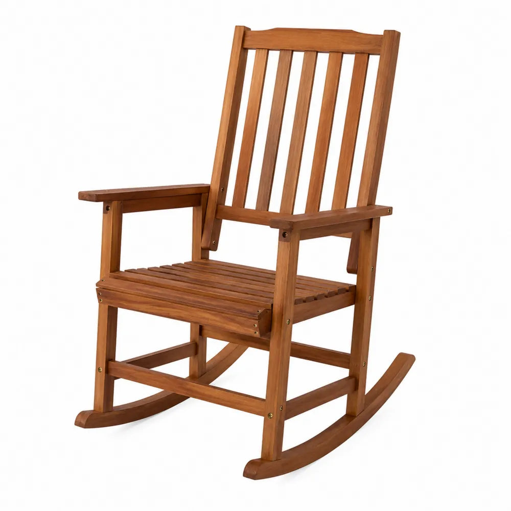 Drewniane krzesło bujane z podłokietnikami, brązowe, 100 cm