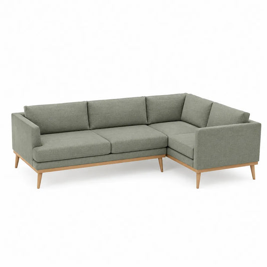 Sofa narożna z tkaniny zielonej na dębowej ramie 230cm