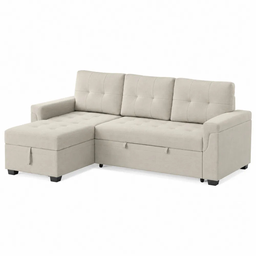 Sofa narożna z funkcją spania i schowkiem tkanina poliester beżowa 250cm