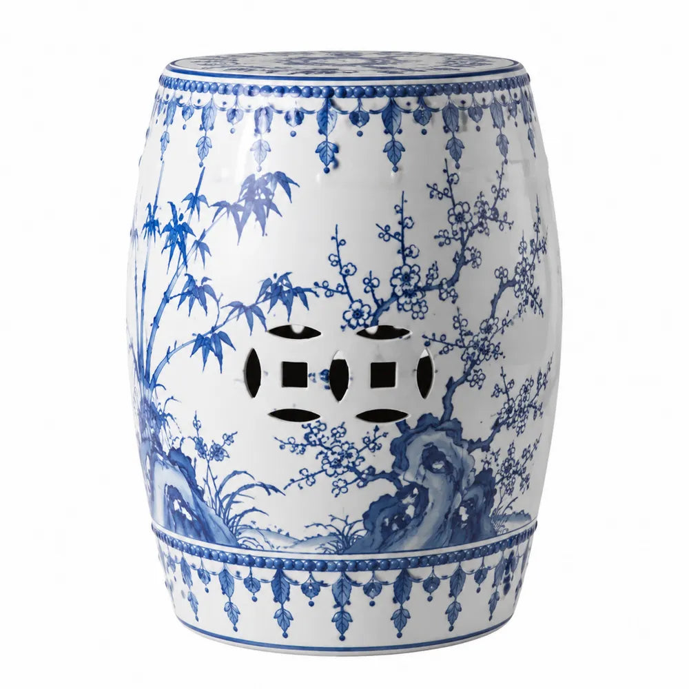 Taboret ceramiczny biało-niebieski z wzorem roślinnym 45 cm