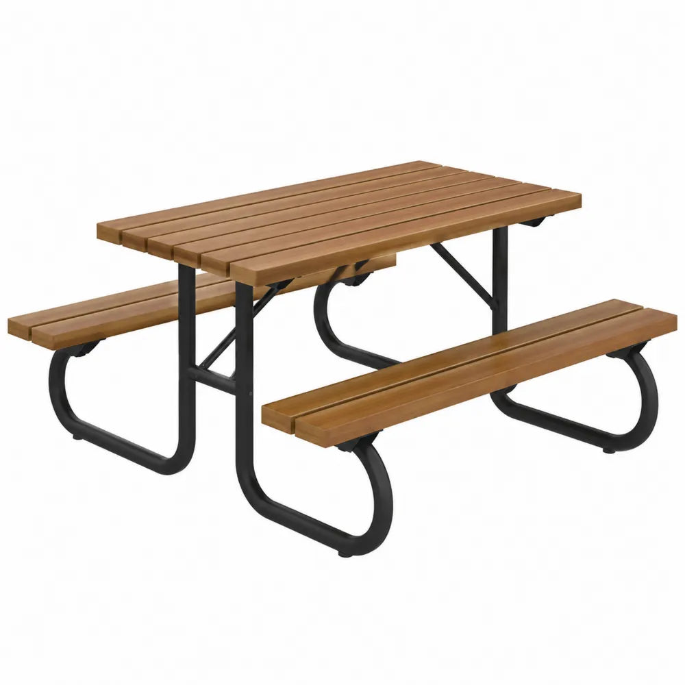 Drewniany zestaw piknikowy z ławkami i stalową ramą, brązowy/czarny 150cm