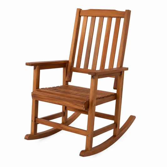 Drewniane krzesło bujane z podłokietnikami, brązowe, 100 cm