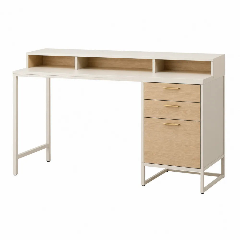 Biurko drewniane i metalowe z szufladami, biały/dąb, 120 cm