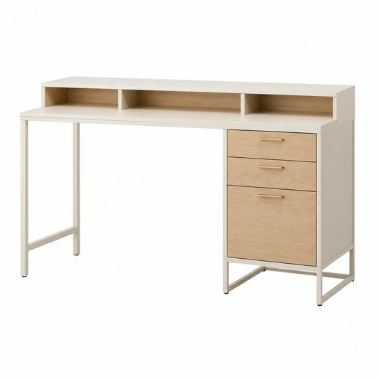 Biurko drewniane i metalowe z szufladami, biały/dąb, 120 cm