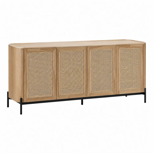 Komoda z drewna i rattanu 150 cm, beżowa z czarnym